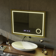 Rolf Touch LED Mirror Defog System, zegar i temperatura 80x60 cm szczotkowana złota rama lupa kosmetyczna