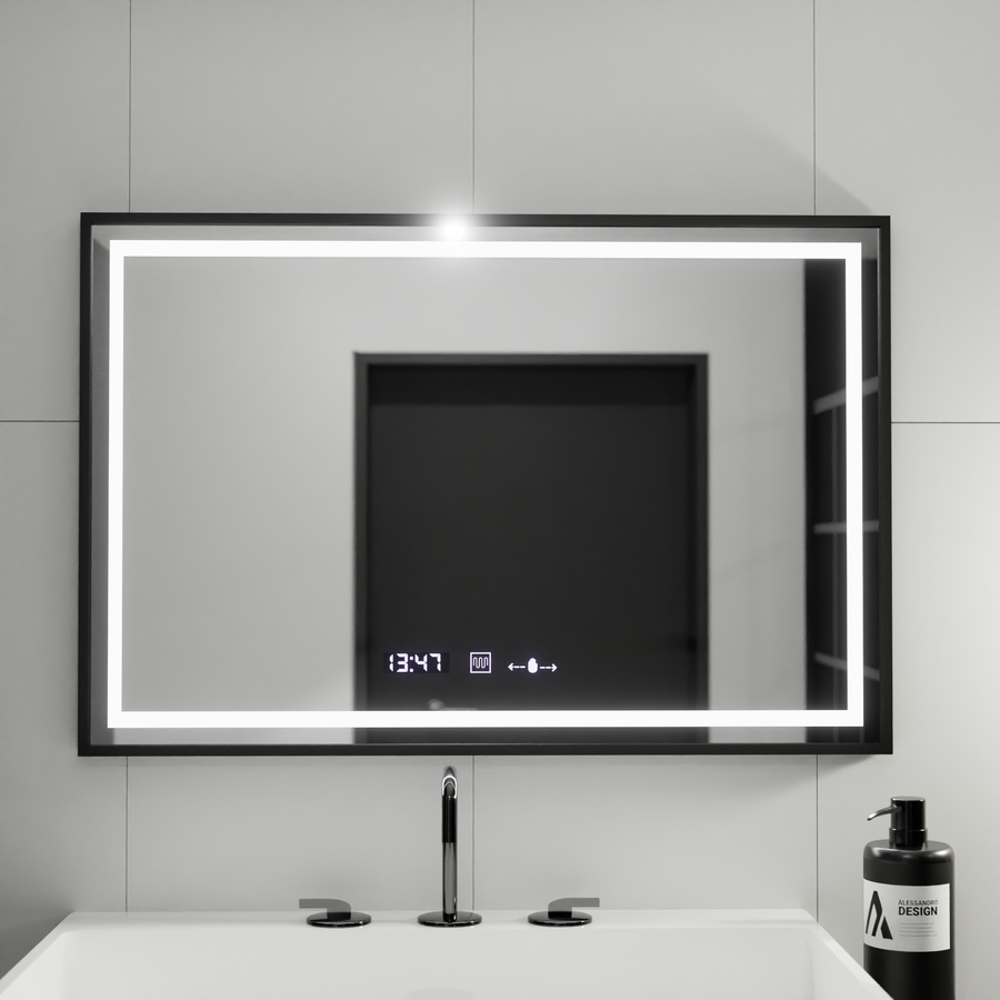 Prostokątne lustro LED, 100x80cm, Verite Majeste Noir MotionGlow Marcello, system przeciwmgielny, zegar i termometr, ściemnialne