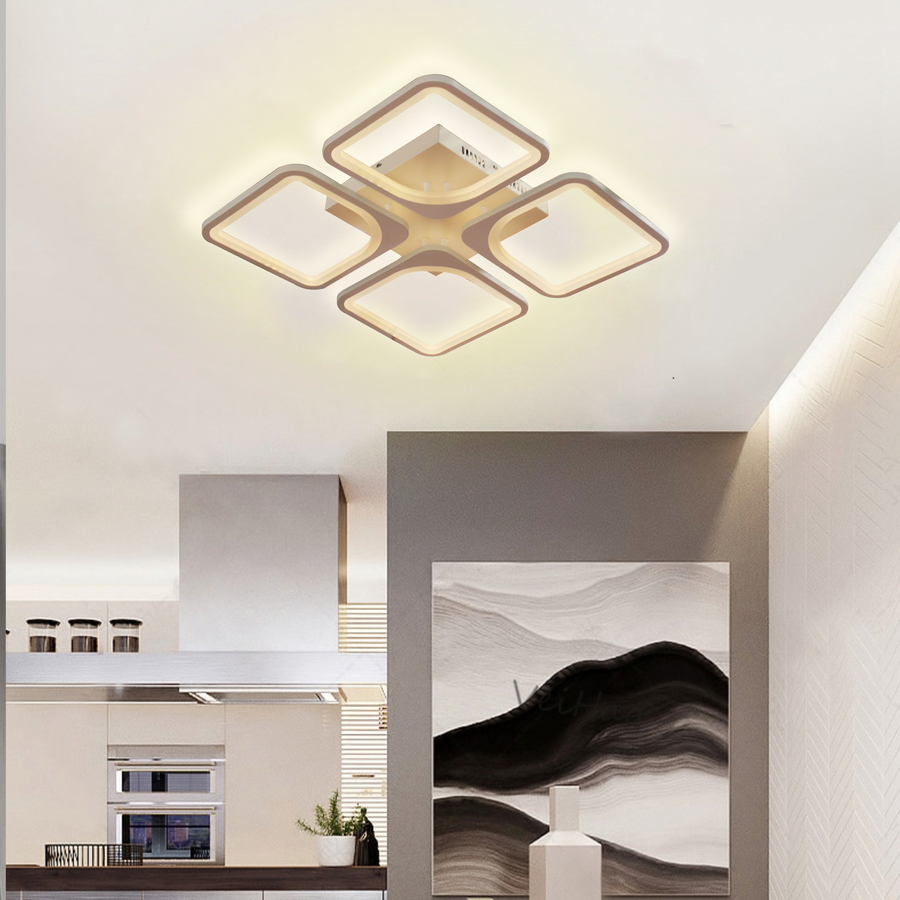 Żyrandol LED z pilotem ZOE 52W, 4 kwadraty, światło zimne/ciepłe/neutralne, ściemnialny, biały