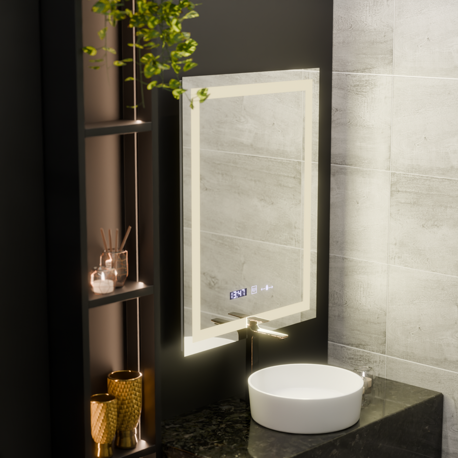 Prostokątne lustro LED, 60x80 cm, Verite MotionGlow Marcello, system przeciwmgielny, zegar i termometr, ściemnialne