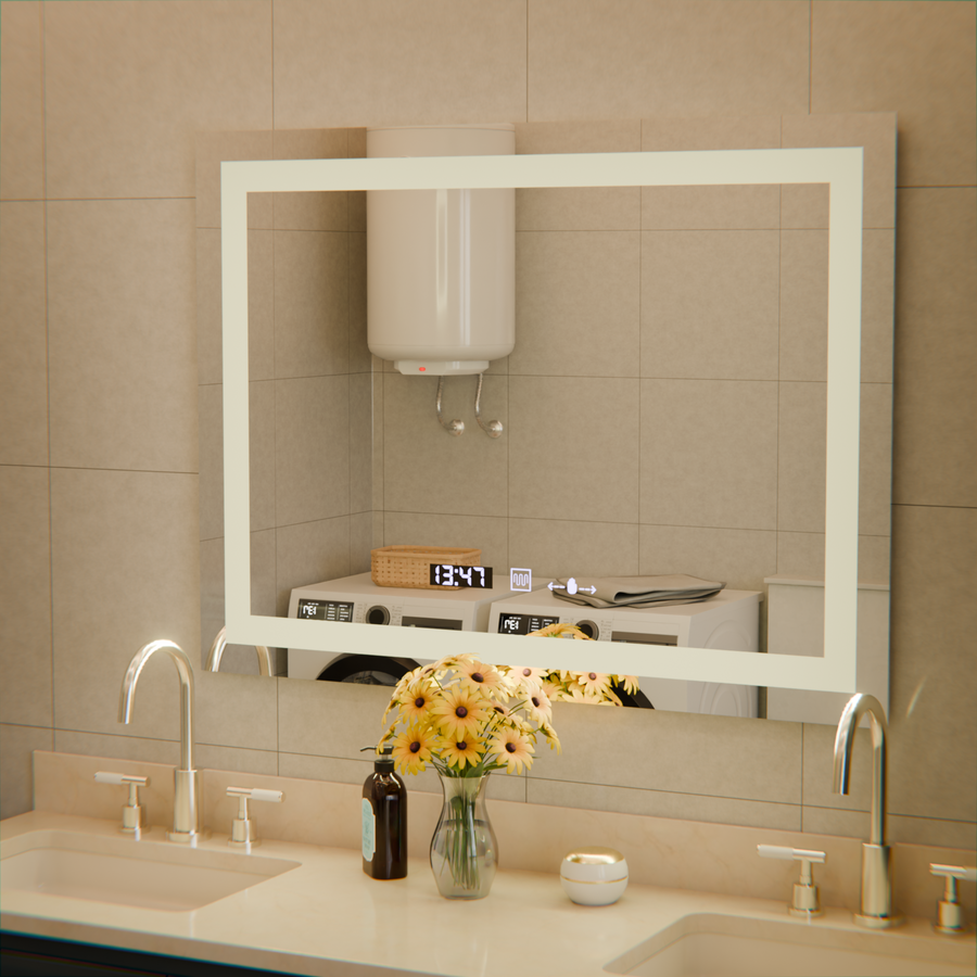 Prostokątne lustro LED, 80x60 cm, Verite MotionGlow Marcello, system przeciwmgielny, zegar i termometr, ściemnialne