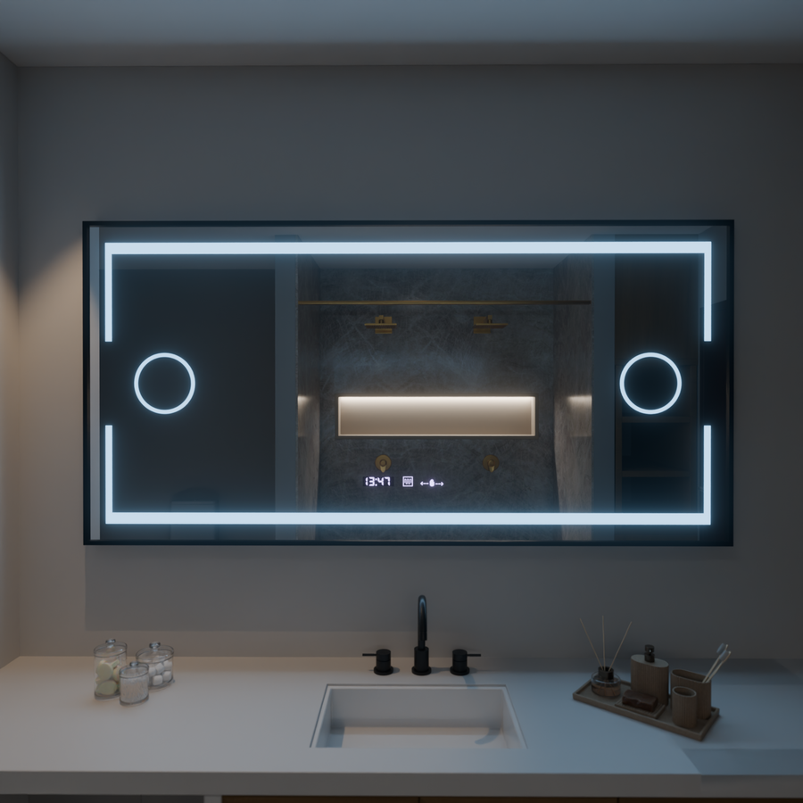Prostokątne lustro LED, 160x80 cm, czujnik Motionglow Marcello, system wyłączający, zegar i termometr, powiększenie kosmetyczne