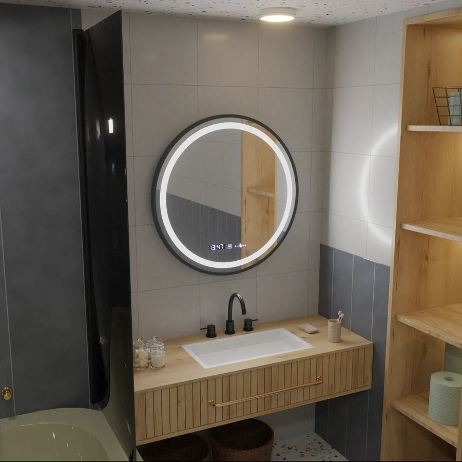 Okrągłe lustro LED, 60 cm, Celeste Majeste Noir Eleve MotionGlow Marcello, system przeciwmgielny, zegar i termometr, ściemnialne