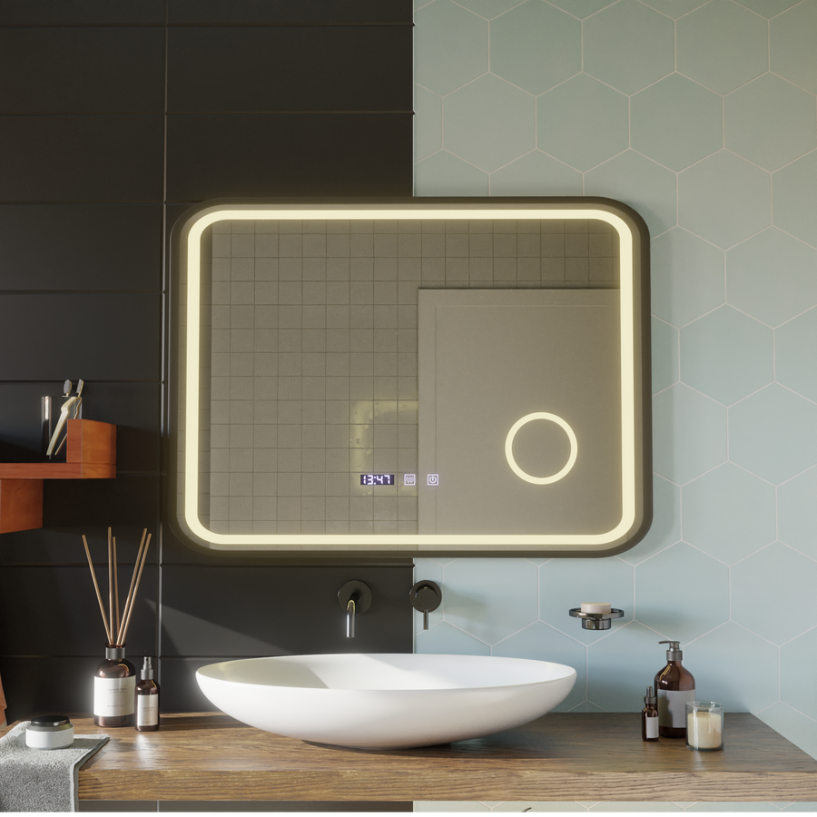 Bernd Touch LED Mirror Defog System, zegar i temperatura 80x60 cm szczotkowana czarna rama lupa kosmetyczna