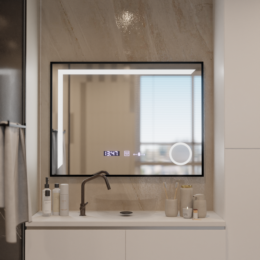Lustro LED z czujnikiem ruchu MotionGlow Francesca 80x60 cm, ciepłe/zimne/neutralne światło, ściemnialne, szczotkowana czarna rama, system przeciwmgielny, zegar z termometrem, kolekcja Marcello Funghi