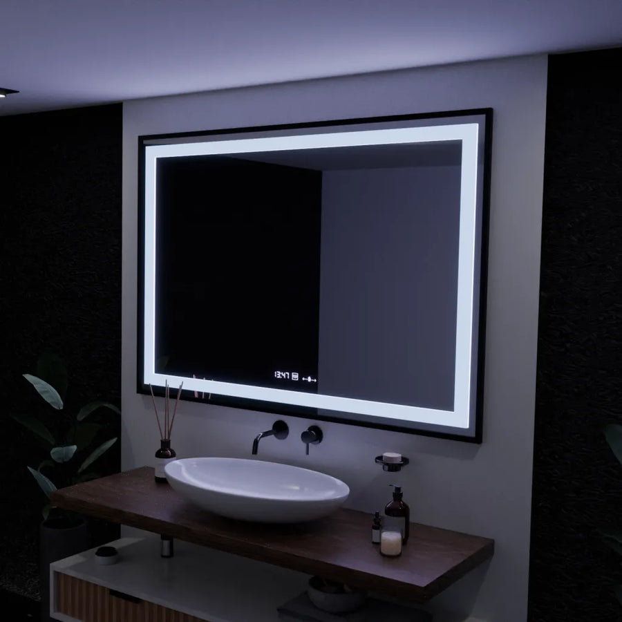 Prostokątne lustro LED, 100x65cm, Verite Majeste Noir Motion Glow Marcello, system przeciwmgielny, zegar i termometr, ściemnialne