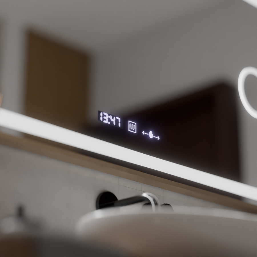 Lustro z czujnikiem ruchu Isabell MotionGlow LED z funkcją przeciwmgielną, termometr, zegar, 120x80 cm, ściemnialne, ciepłe/zimne/neutralne światło, szczotkowana rama w kolorze różowego złota, kolekcja Marcello Funghi