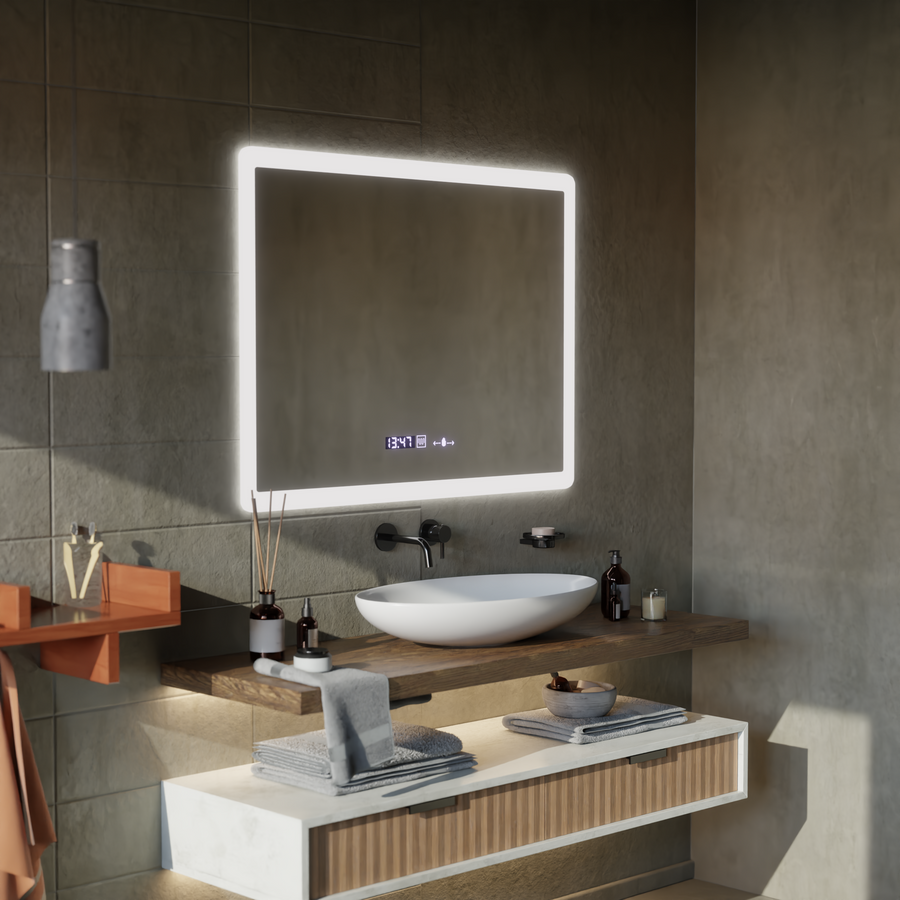 Prostokątne lustro LED, 80x60cm, czujnik Zampa MotionGlow Marcello, system usuwania zamglenia, zegar i termometr, możliwość przyciemniania