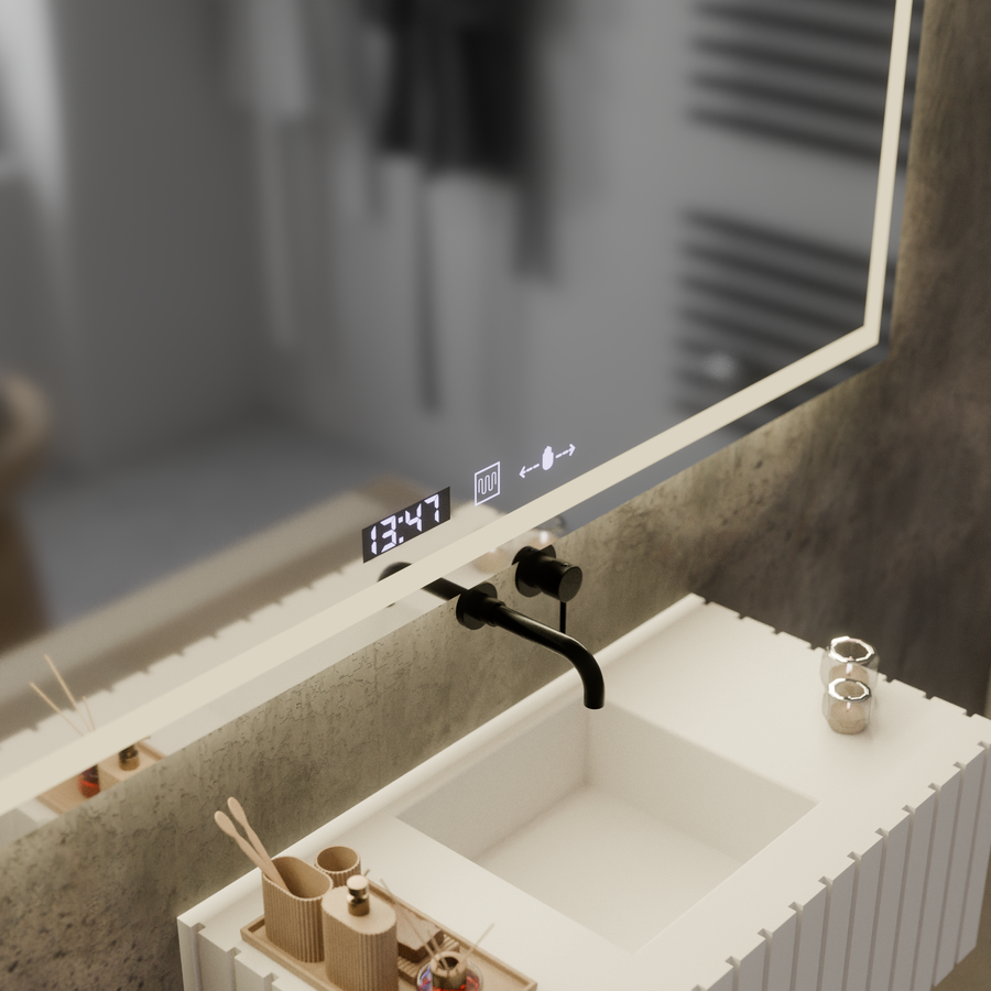 Prostokątne lustro LED, 120x60cm, Verite MotionGlow Marcello, system przeciwmgielny, zegar i termometr, ściemnialne