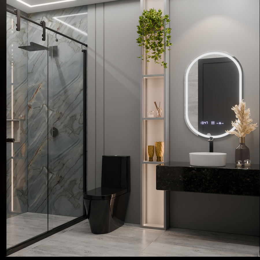 Owalne lustro LED, 50x80 cm, Eminence MotionGlow Marcello, system przeciwmgielny, zegar i termometr, ściemnialne