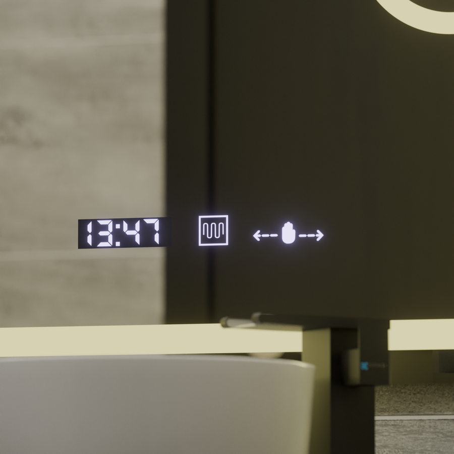 Prostokątne lustro LED, 75x90 cm, Eclat MotionGlow Marcello, system przeciwmgielny, zegar i termometr, lupa kosmetyczna, ściemnialna