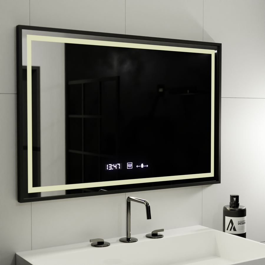 Prostokątne lustro LED, 100x80cm, Verite Majeste Noir MotionGlow Marcello, system przeciwmgielny, zegar i termometr, ściemnialne