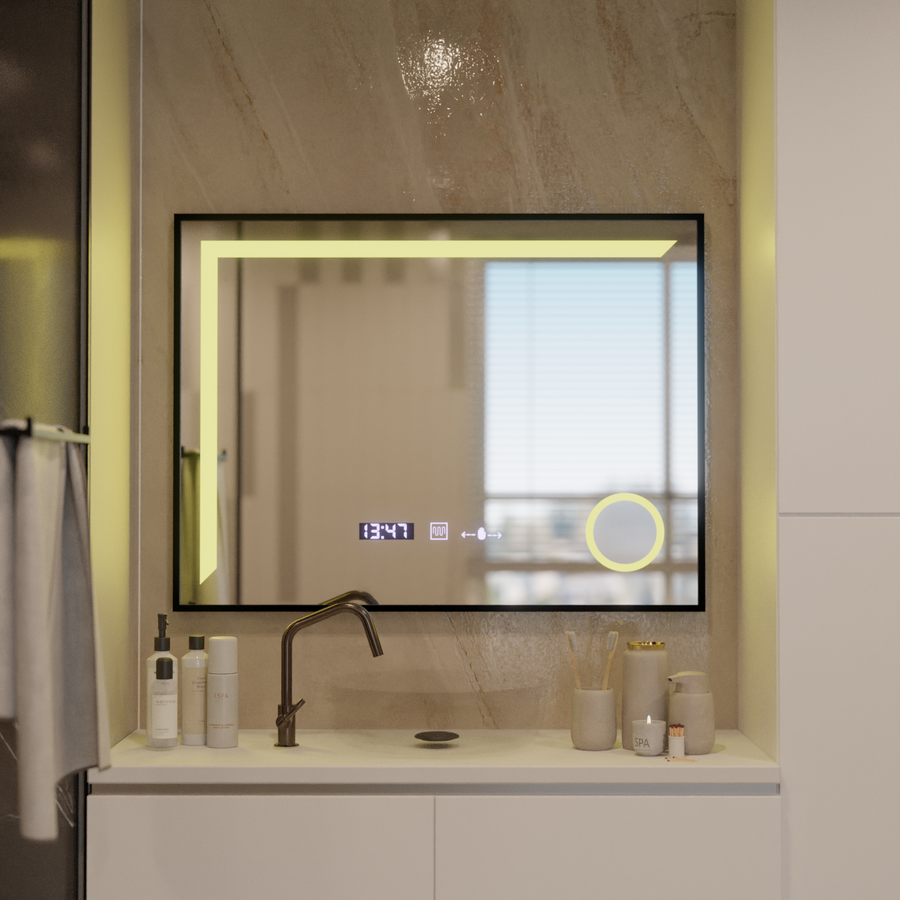 Lustro LED z czujnikiem ruchu MotionGlow Francesca 80x60 cm, ciepłe/zimne/neutralne światło, ściemnialne, szczotkowana czarna rama, system przeciwmgielny, zegar z termometrem, kolekcja Marcello Funghi