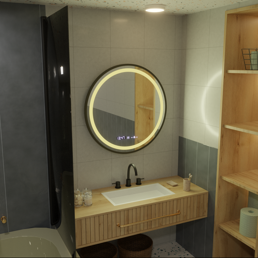 Okrągłe lustro LED, 70 cm, Celeste Majeste Noir MotionGlow Marcello, system przeciwmgielny, zegar i termometr, ściemnialne