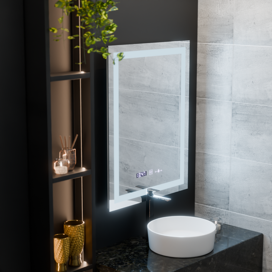 Prostokątne lustro LED, 60x80 cm, Verite MotionGlow Marcello, system przeciwmgielny, zegar i termometr, ściemnialne