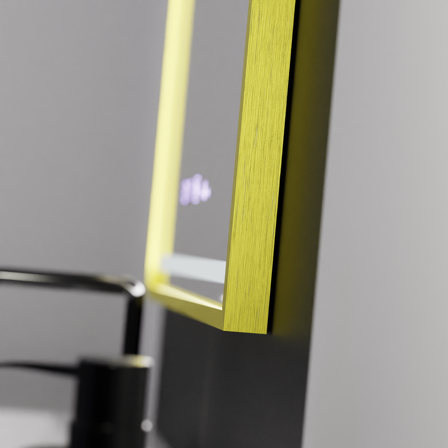 Prostokątne lustro LED, 50x70 cm, Verite Royale Gold Motion Glow Marcello, system przeciwmgielny, zegar i termometr, ściemnialne