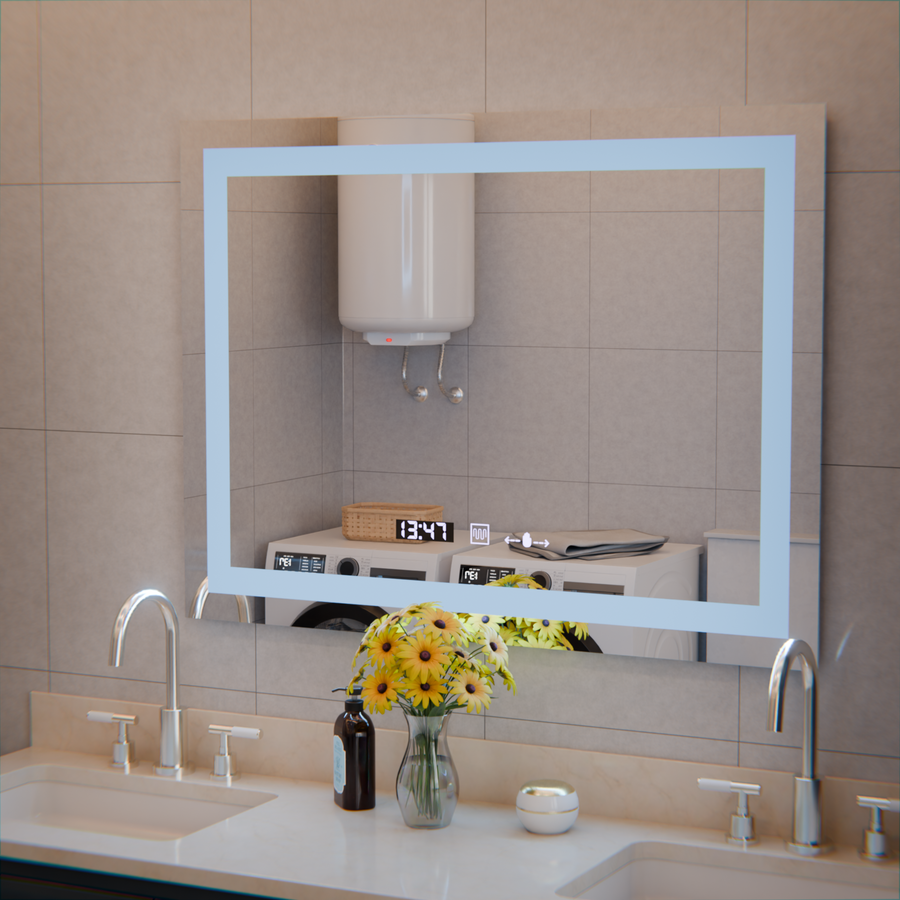 Prostokątne lustro LED, 80x60 cm, Verite MotionGlow Marcello, system przeciwmgielny, zegar i termometr, ściemnialne