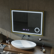 Rolf Touch LED Mirror Defog System, zegar i temperatura 80x60 cm szczotkowana złota rama lupa kosmetyczna