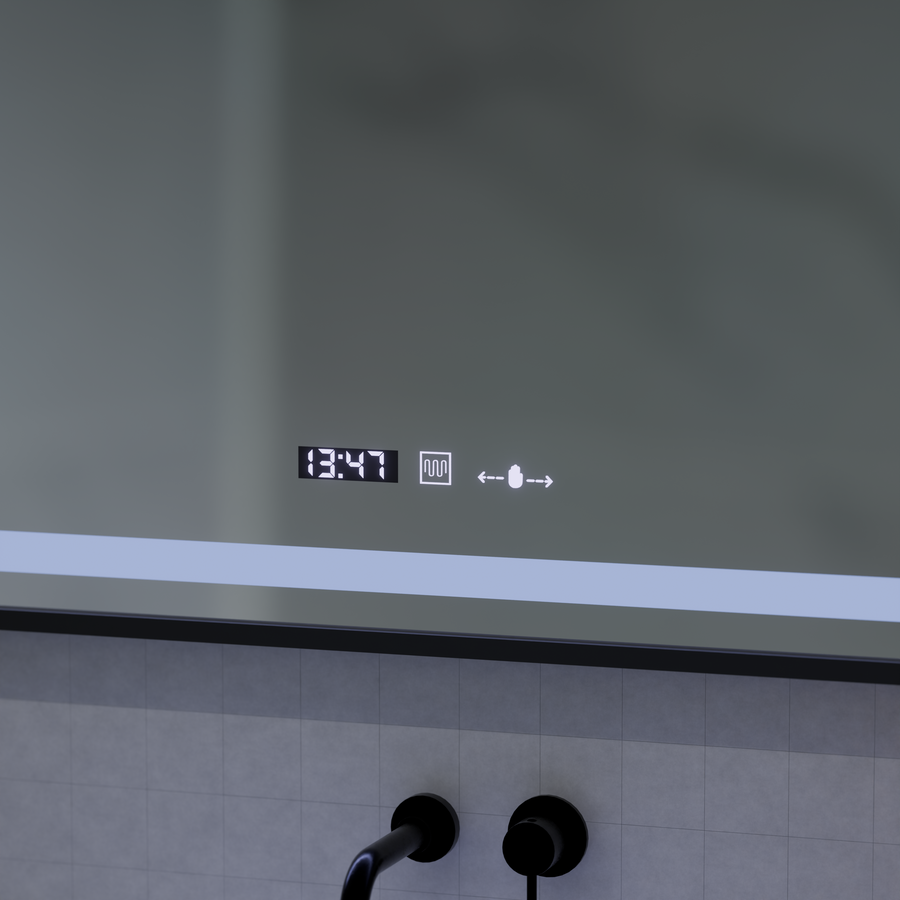 Lustro z czujnikiem ruchu Domingo MotionGlow LED z funkcją przeciwmgielną, termometrem i zegarem, 120x65 cm, ściemnialne, zimne/ciepłe/neutralne światło, szczotkowana czarna rama, kolekcja Marcello Funghi