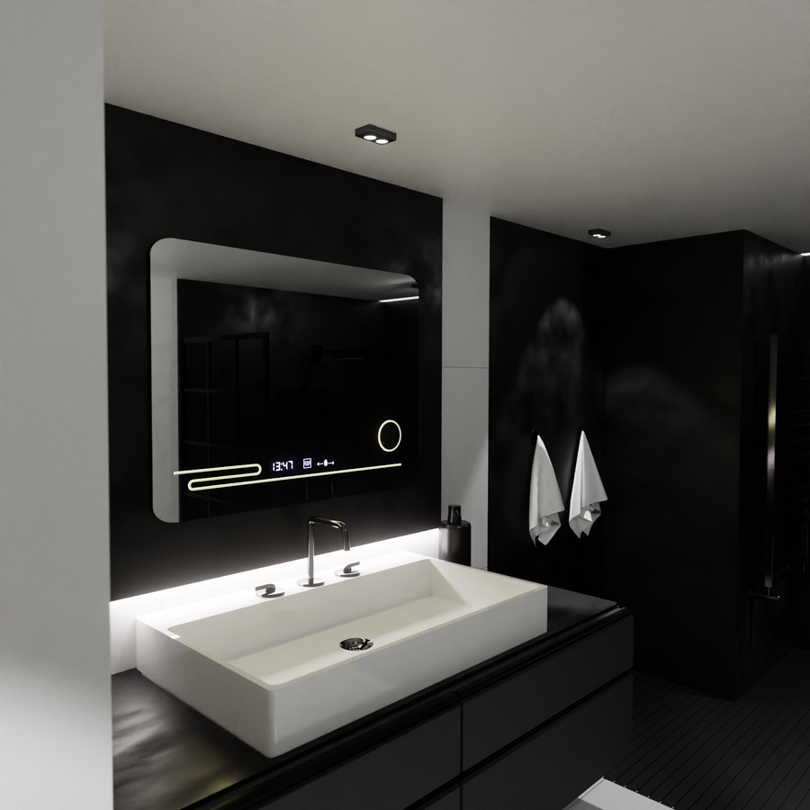 Prostokątne lustro LED, 80x60 cm, Harmonie MotionGlow Marcello, system przeciwmgielny, termometr i zegar, lupa kosmetyczna, ściemnialna