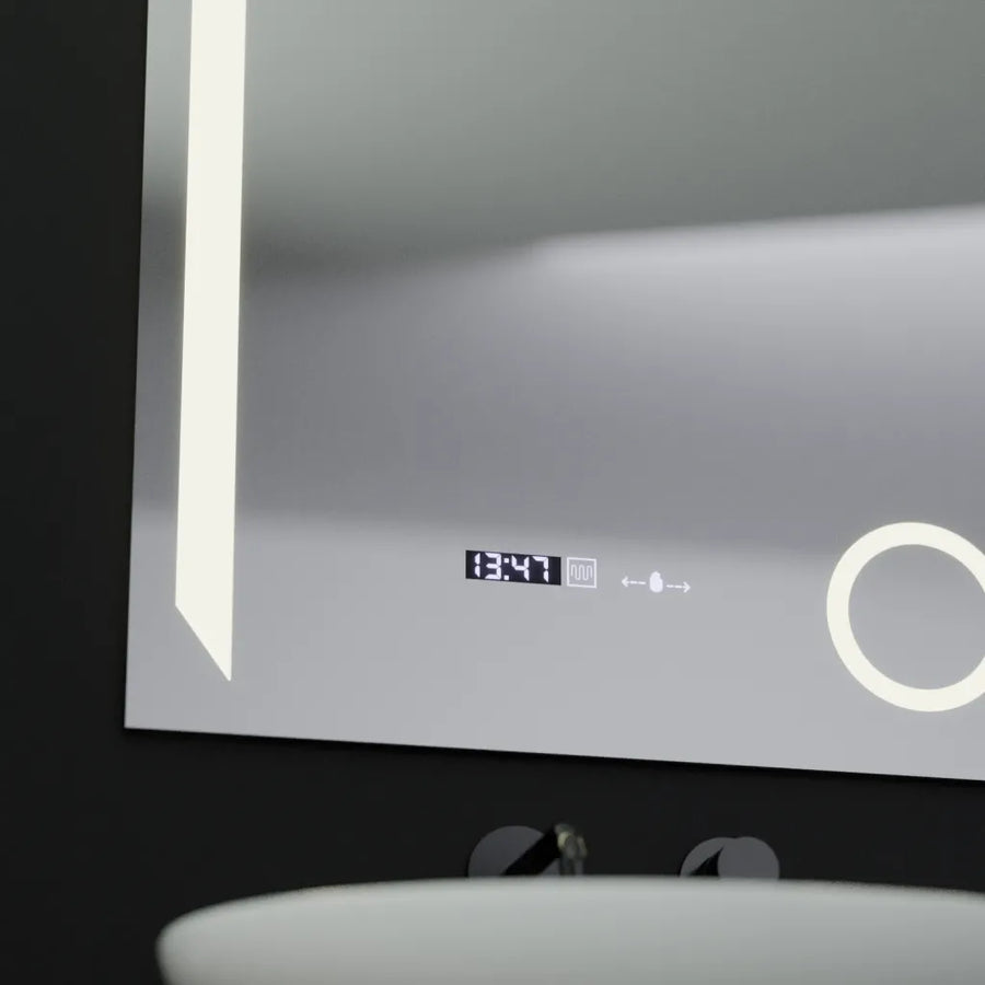 Prostokątne lustro LED, 60x80 cm, Precision MotionGlow Marcello, system przeciwmgielny, zegar i termometr, lupa kosmetyczna, ściemnialna