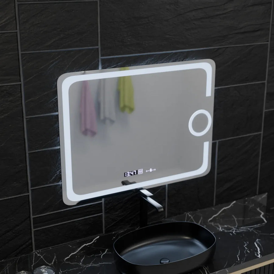 Prostokątne lustro LED, 80x60 cm, Eclat Motionglow Marcello, system rozmrażania, zegar i termometr, kosmetyki