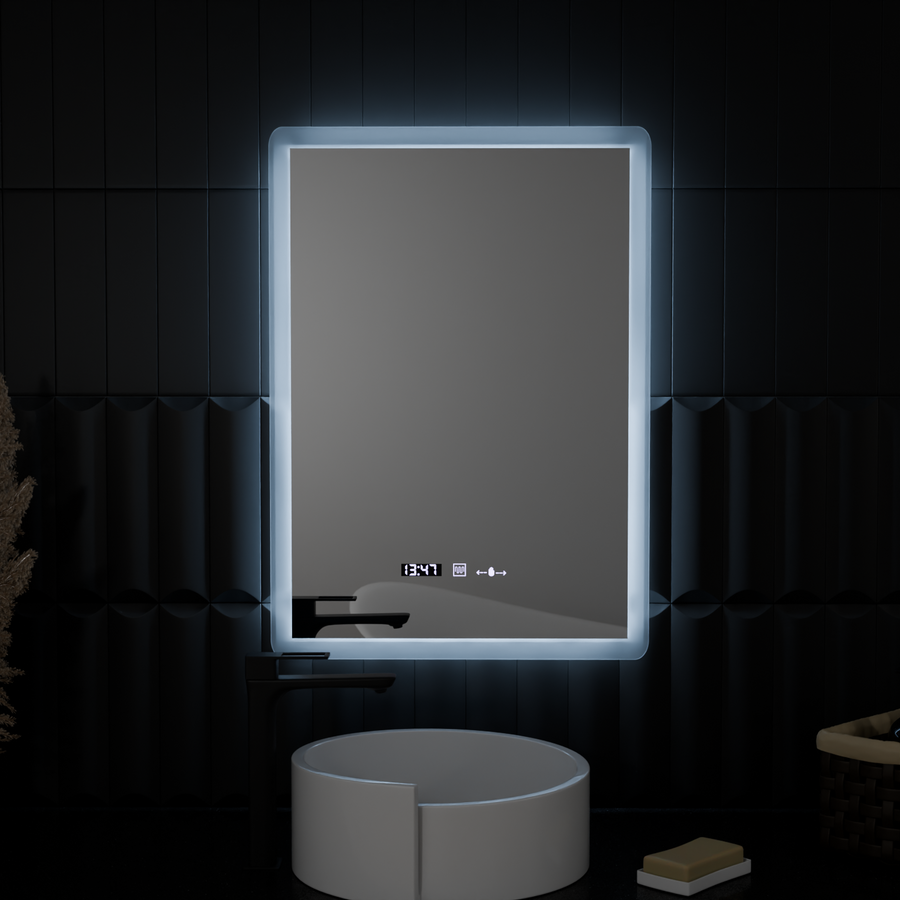 Prostokątne lusterko LED, 50 x 70 cm, Motionllow Motionglow Zampa Marcello, System działu, zegar i termometr, Dokryty