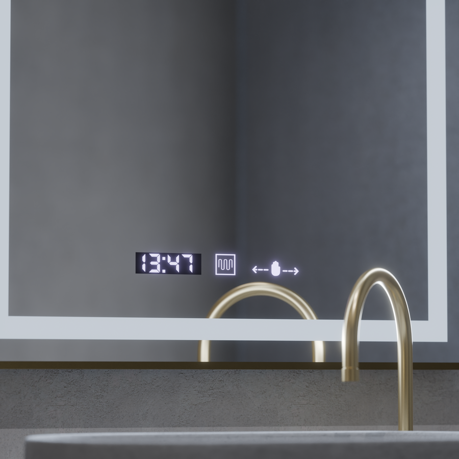Prostokątne lustro LED, 60x80 cm, Verite Royale Gold MotionGlow Marcello, system przeciwmgielny, zegar i termometr, ściemnialne