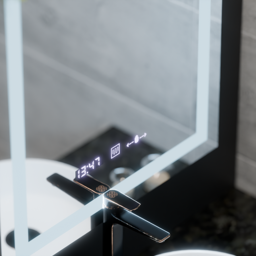 Prostokątne lustro LED, 60x80 cm, Verite MotionGlow Marcello, system przeciwmgielny, zegar i termometr, ściemnialne