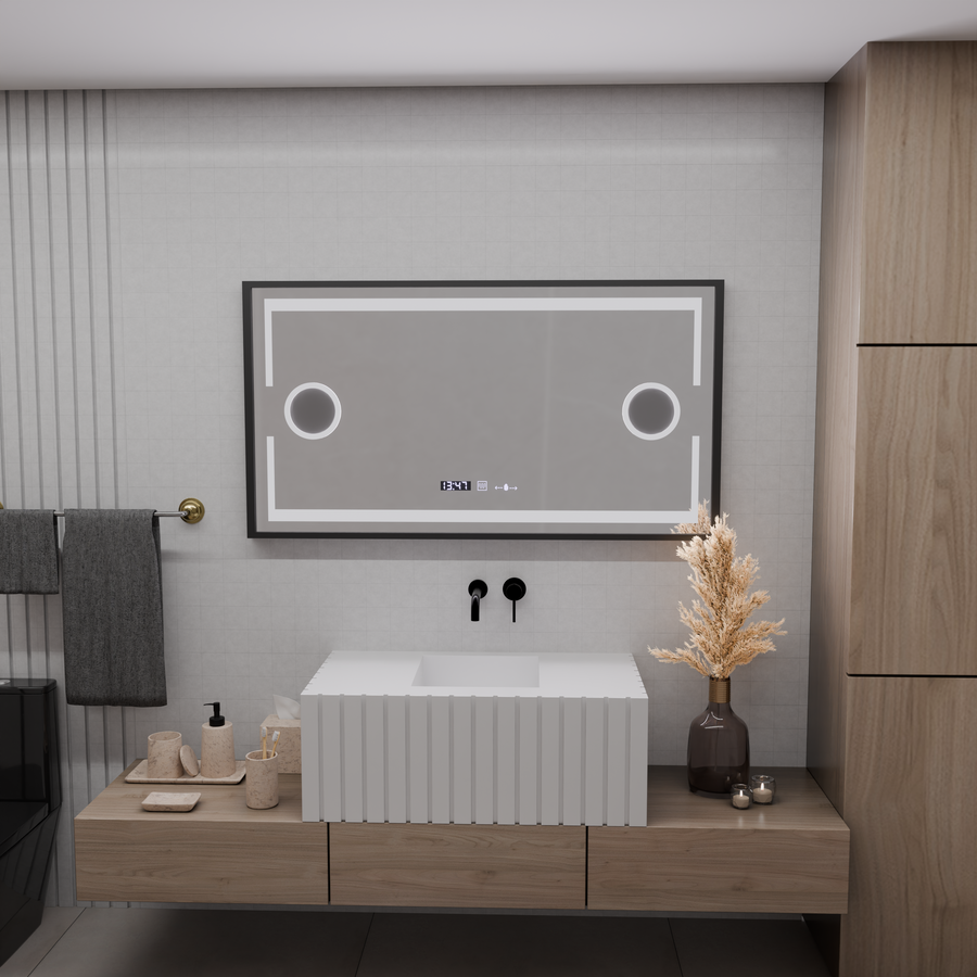 Lustro z czujnikiem ruchu Domingo MotionGlow LED z funkcją przeciwmgielną, termometrem i zegarem, 120x65 cm, ściemnialne, zimne/ciepłe/neutralne światło, szczotkowana czarna rama, kolekcja Marcello Funghi