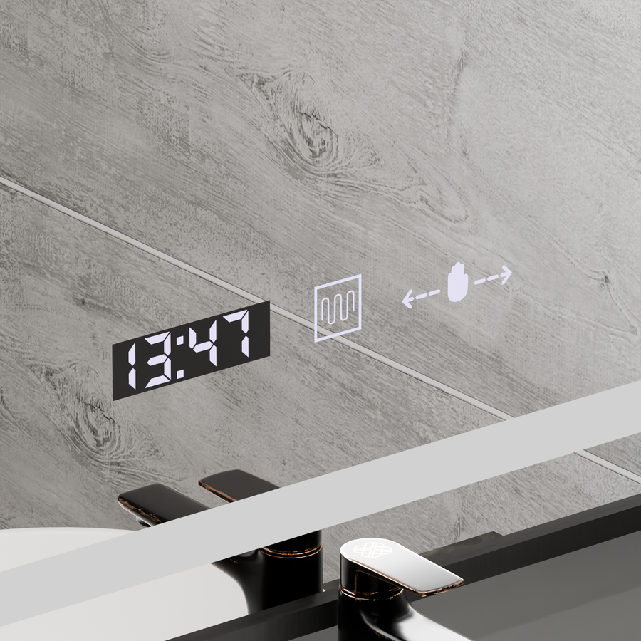 Prostokątne lustro LED, 60x80 cm, Verite Majeste Noir Motion Glow Marcello, system przeciwmgielny, zegar i termometr, ściemnialne