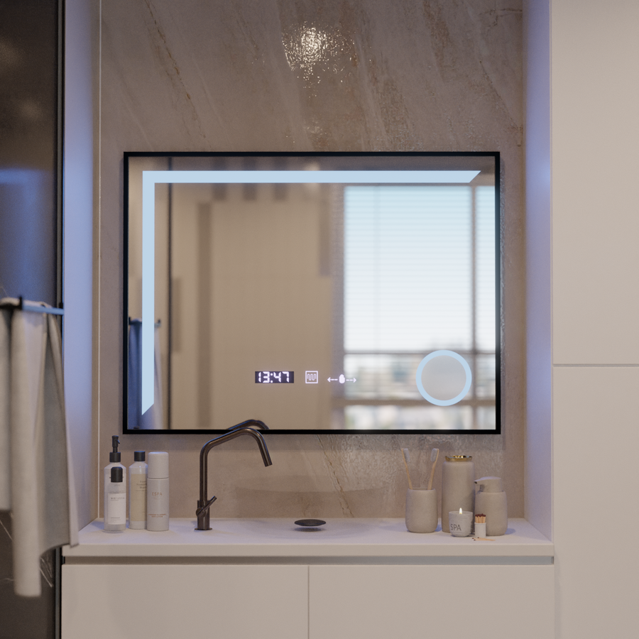 Lustro LED z czujnikiem ruchu MotionGlow Francesca 80x60 cm, ciepłe/zimne/neutralne światło, ściemnialne, szczotkowana czarna rama, system przeciwmgielny, zegar z termometrem, kolekcja Marcello Funghi