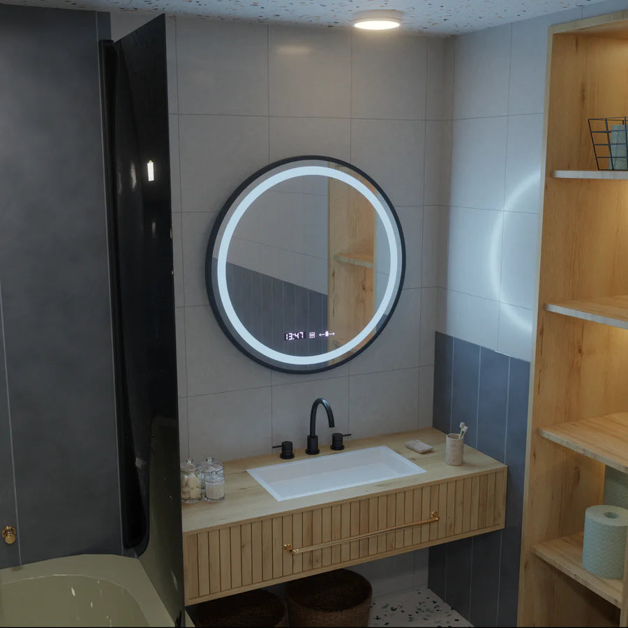 Okrągłe lustro LED, 60 cm, Celeste Majeste Noir Eleve MotionGlow Marcello, system przeciwmgielny, zegar i termometr, ściemnialne