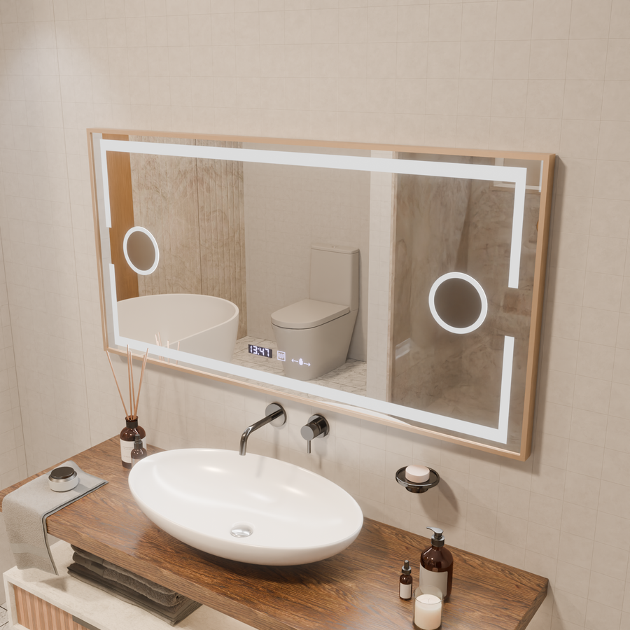 Lustro z czujnikiem ruchu Isabell MotionGlow LED z funkcją przeciwmgielną, termometr, zegar, 120x80 cm, ściemnialne, ciepłe/zimne/neutralne światło, szczotkowana rama w kolorze różowego złota, kolekcja Marcello Funghi