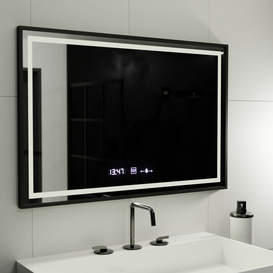 Prostokątne lustro LED, 100x80cm, Verite Majeste Noir MotionGlow Marcello, system przeciwmgielny, zegar i termometr, ściemnialne
