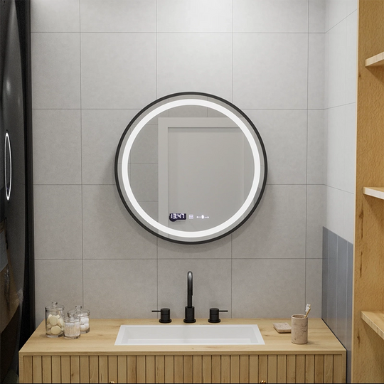 Okrągłe lustro LED, 60 cm, Celeste Majesté Noir MotionGlow Marcello, system odmgławiania, zegar i termometr, możliwość przyciemniania