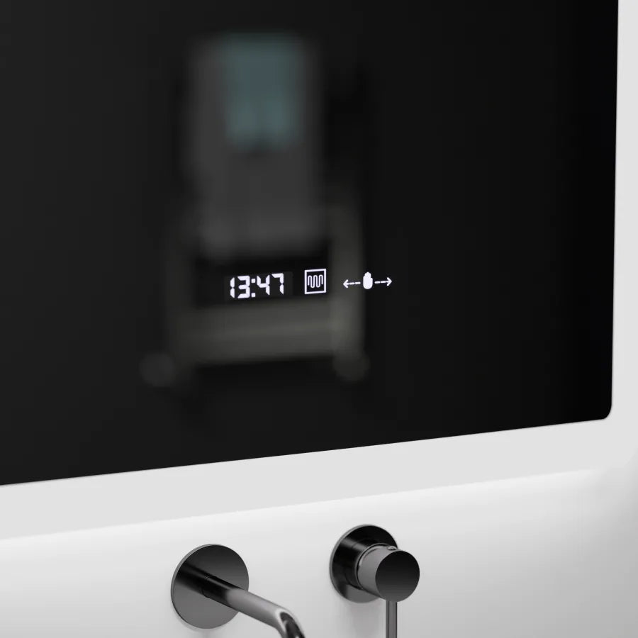 Prostokątne lustro LED, 60x80cm, czujnik Pugliesi MotionGlow Marcello, system przeciwmgielny, zegar i termometr, ściemnialne