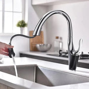 Bateria kuchenna z wyciąganą wylewką prysznicową, mosiądz sanitarny, chrom, W058