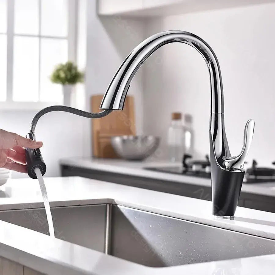 Bateria kuchenna z wyciąganą wylewką prysznicową, mosiądz sanitarny, chrom, W058