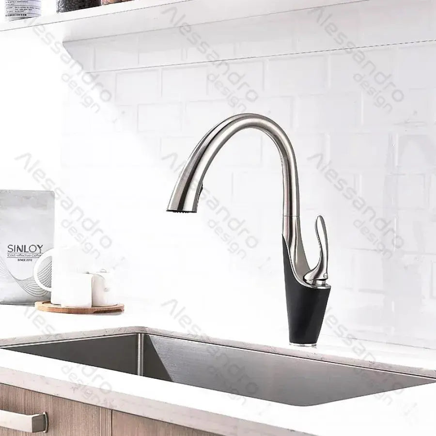 Bateria kuchenna z wyciąganą wylewką prysznicową, mosiądz sanitarny, chrom, W058