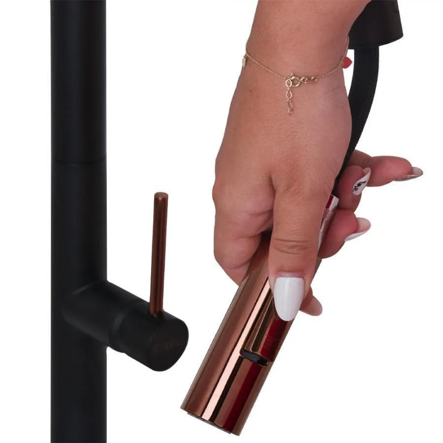 Bateria kuchenna z wyciąganą wylewką prysznicową, mosiądz sanitarny, czarny, CF2042