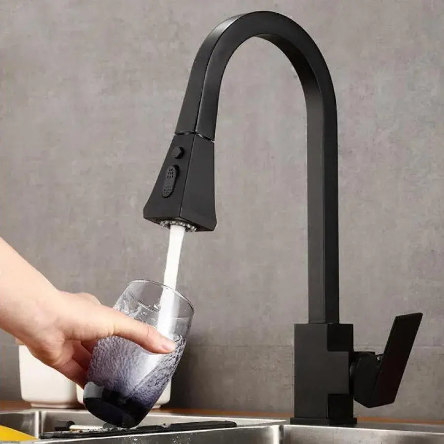 Bateria kuchenna z wyciąganą wylewką prysznicową, mosiądz sanitarny, czarny, OD/2040