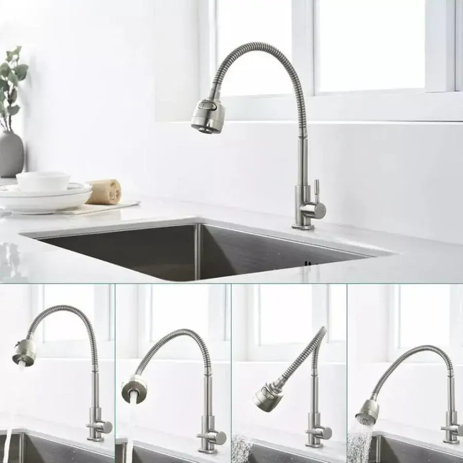 Bateria kuchenna elastyczna wylewka 2 strumienie głowica ceramiczna satynowa stal nierdzewna przyłącza w zestawie CF031