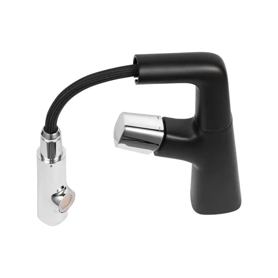 Bateria umywalkowa z wyciąganą wylewką prysznicową, mosiądz sanitarny, chrom i czerń, MP016H/C