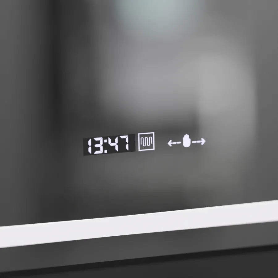 Prostokątne lustro LED, 50x70 cm, Eclat MotionGlow Marcello, system przeciwmgielny, zegar i termometr, lupa kosmetyczna, ściemnialna