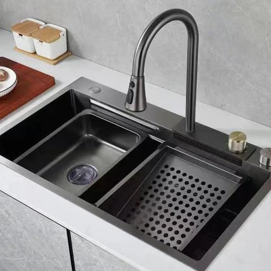 Zlew kuchenny ze stali nierdzewnej z kranem w zestawie, 68x46cm, szary