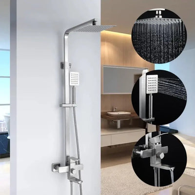 Kolumna prysznicowa, stal nierdzewna, kwadratowa głowica prysznicowa, efekt deszczu, 3 funkcje, montaż ścienny, wykończenie satynowe, akcesoria w zestawie, LY005