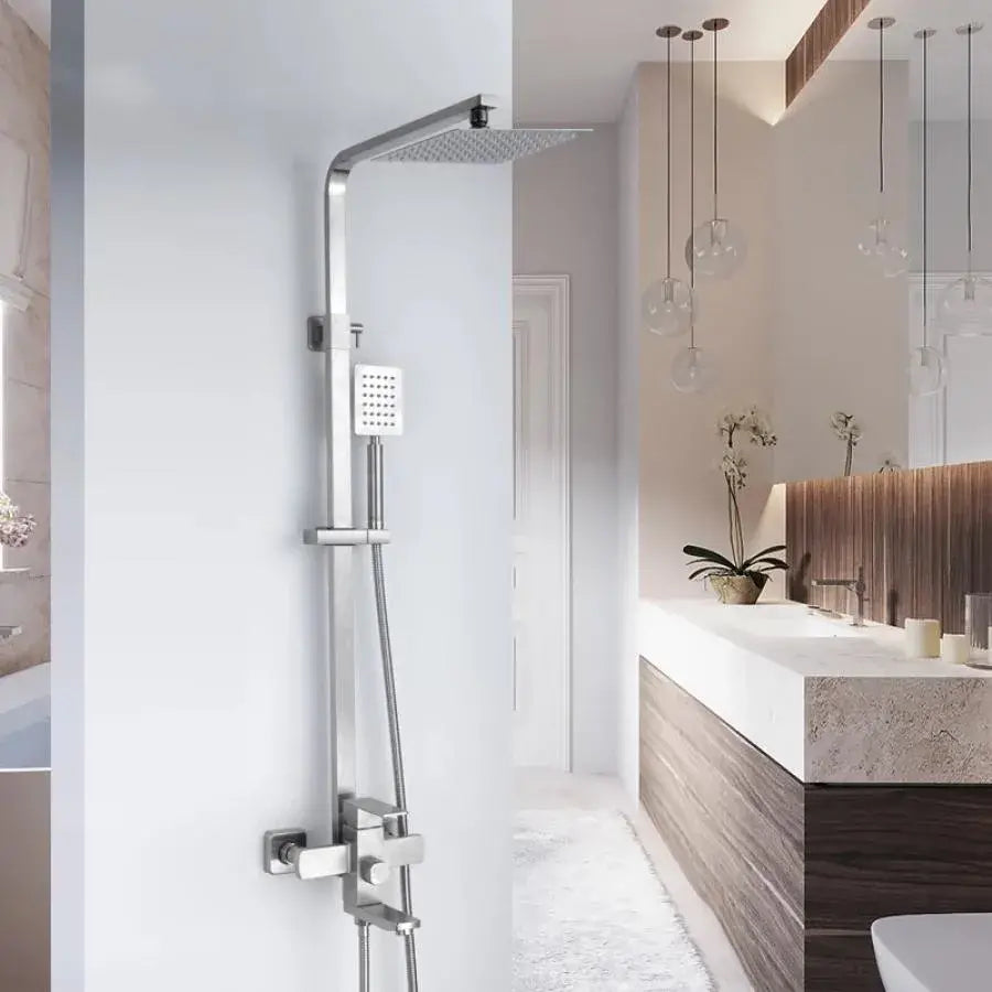 Kolumna prysznicowa, stal nierdzewna, kwadratowa głowica prysznicowa, efekt deszczu, 3 funkcje, montaż ścienny, wykończenie satynowe, akcesoria w zestawie, LY005