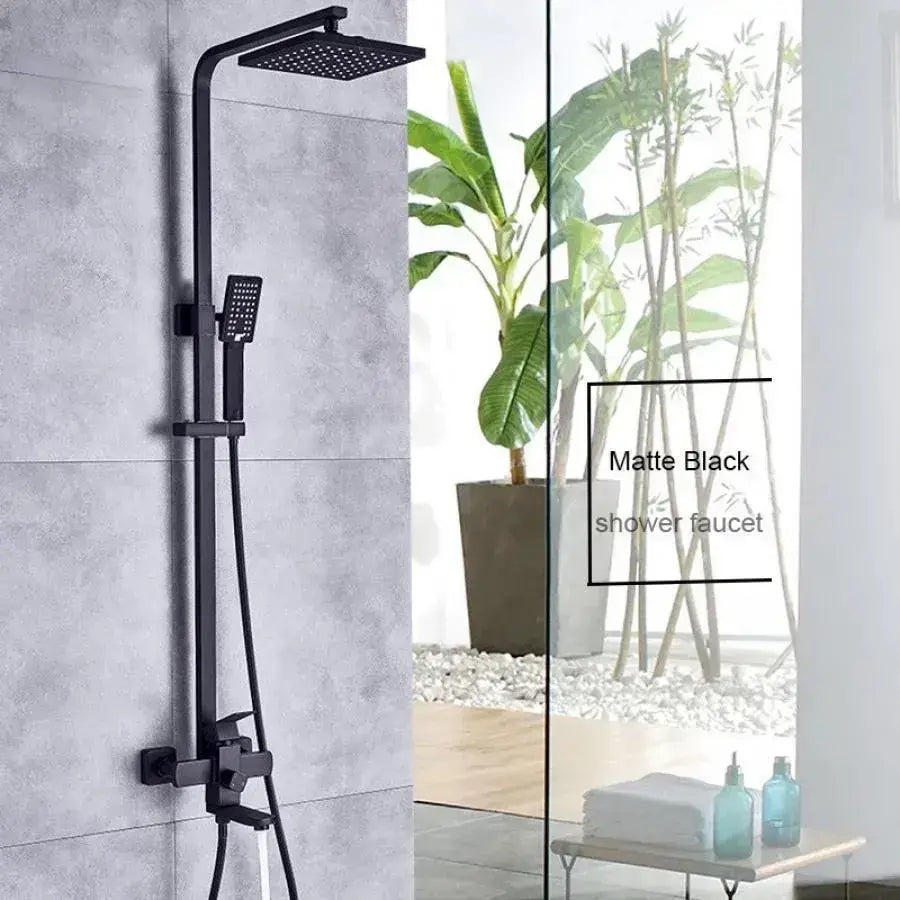 Kolumna prysznicowa, stal nierdzewna, głowica kwadratowa, efekt deszczu, 3 funkcje, montaż ścienny, satynowa czerń, akcesoria w zestawie, HS007