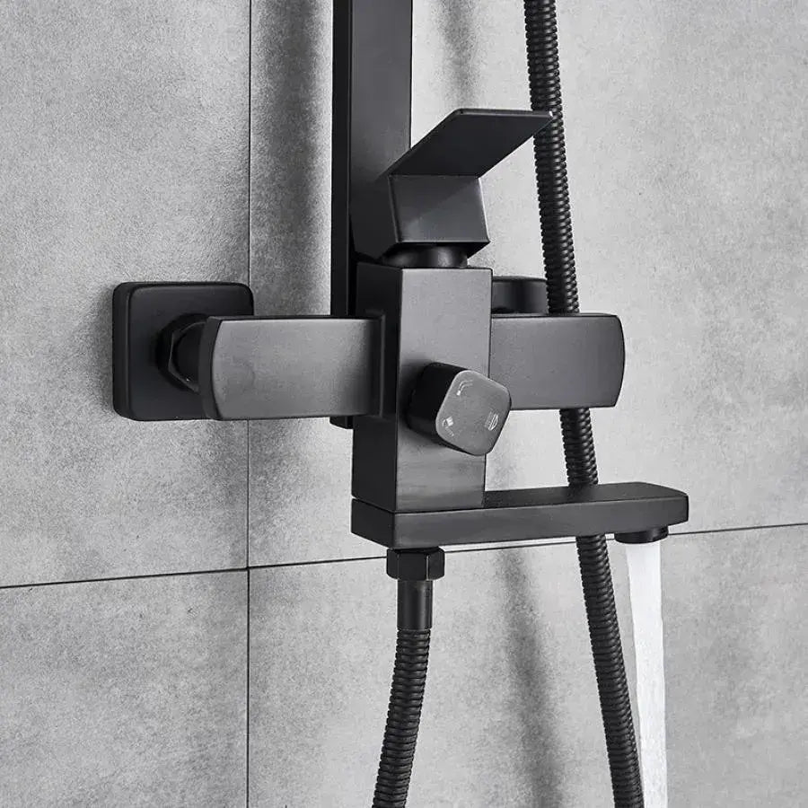 Kolumna prysznicowa, stal nierdzewna, głowica kwadratowa, efekt deszczu, 3 funkcje, montaż ścienny, satynowa czerń, akcesoria w zestawie, HS007